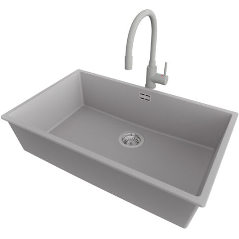 PRIMAGRAN Evier Cuisine en Granit 76x47cm,Lavabo 1 bac + Robinet 38x14cm + Kit de Vidage, Évier à Encastrer au meuble 80cm - London Slim, Gris