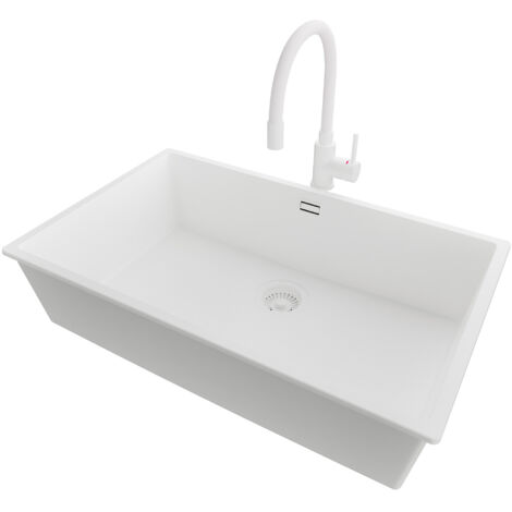 PRIMAGRAN Evier Cuisine en Granit 76x47cm,Lavabo 1 bac + Robinet 38x14cm + Kit de Vidage, Évier à Encastrer au meuble 80cm - London Slim, Tout Blanc