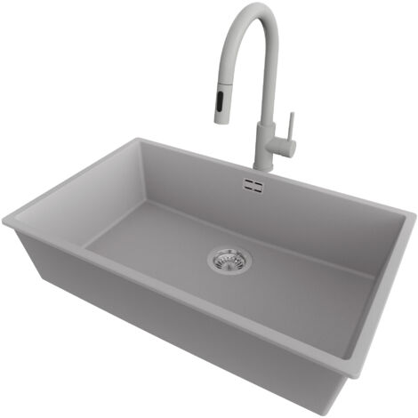 PRIMAGRAN Evier Cuisine en Granit 76x47cm,Lavabo 1 bac + Robinet 40x20cm + Kit de Vidage, Évier à Encastrer au meuble 80cm - London Slim, Gris