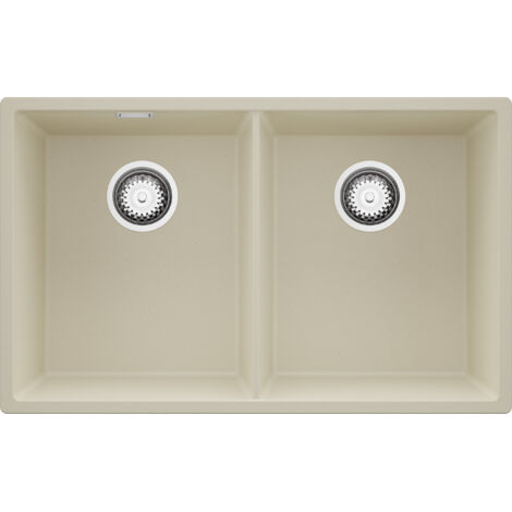 PRIMAGRAN Evier Cuisine en Granit 76x47cm,Lavabo 2 bacs + Kit de Vidage, Évier à Encastrer au meuble 80cm - London Slim Twin, Beige