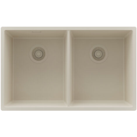 PRIMAGRAN Evier Cuisine en Granit 76x47cm,Lavabo 2 bacs + Kit de Vidage, Évier à Encastrer au meuble 80cm - London Slim Twin, Beige