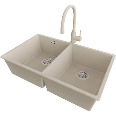 PRIMAGRAN Evier Cuisine en Granit 76x47cm,Lavabo 2 bacs + Robinet 38x14cm + Kit de Vidage, Évier à Encastrer au meuble 80cm - London Slim Twin, Beige