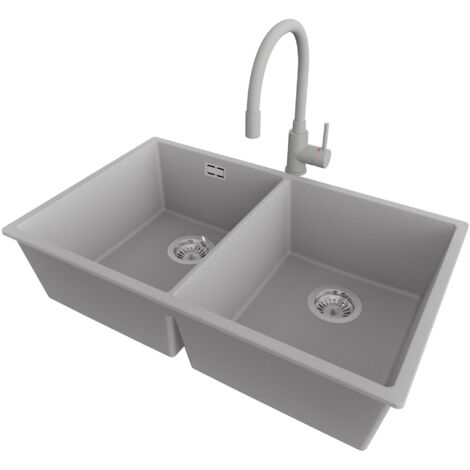 PRIMAGRAN Evier Cuisine en Granit 76x47cm,Lavabo 2 bacs + Robinet 38x14cm + Kit de Vidage, Évier à Encastrer au meuble 80cm - London Slim Twin, Gris