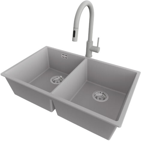 PRIMAGRAN Evier Cuisine en Granit 76x47cm,Lavabo 2 bacs + Robinet 40x20cm + Kit de Vidage, Évier à Encastrer au meuble 80cm - London Slim Twin, Gris
