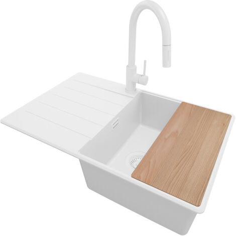 PRIMAGRAN Evier Cuisine en Granit 78x50cm, Lavabo 1 bac + Kit de Vidage + Accessoire, Évier à Encastrer au meuble 50cm - Copenhague, Tout Blanc