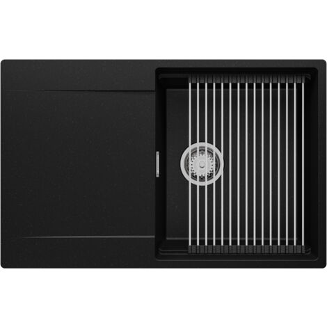 PRIMAGRAN Evier Cuisine en Granit 78x50cm, Lavabo 1 bac + Kit de Vidage + Accessoire, Évier à Encastrer au meuble 50cm - San Francisco, Noir Métallisé