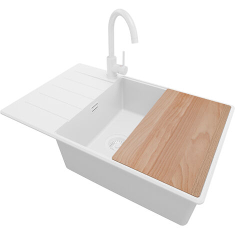 PRIMAGRAN Evier Cuisine en Granit 78x50cm, Lavabo 1 bac + Kit de Vidage + Accessoire, Évier à Encastrer au meuble 60cm - Copenhague, Tout Blanc