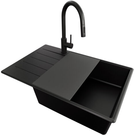 PRIMAGRAN Evier Cuisine en Granit 78x50cm, Lavabo 1 bac + Kit de Vidage + Accessoire, Évier à Encastrer au meuble 60cm - Copenhague, Tout Noir