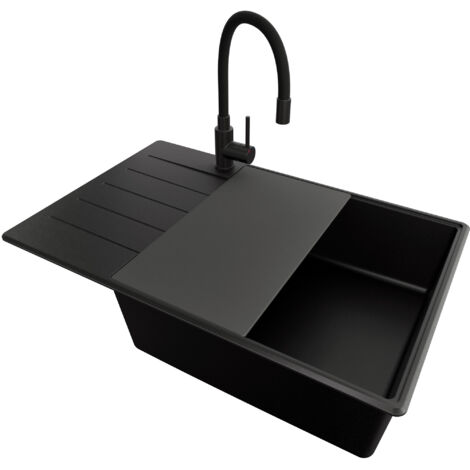 PRIMAGRAN Evier Cuisine en Granit 78x50cm, Lavabo 1 bac + Kit de Vidage + Accessoire, Évier à Encastrer au meuble 60cm - Copenhague, Tout Noir