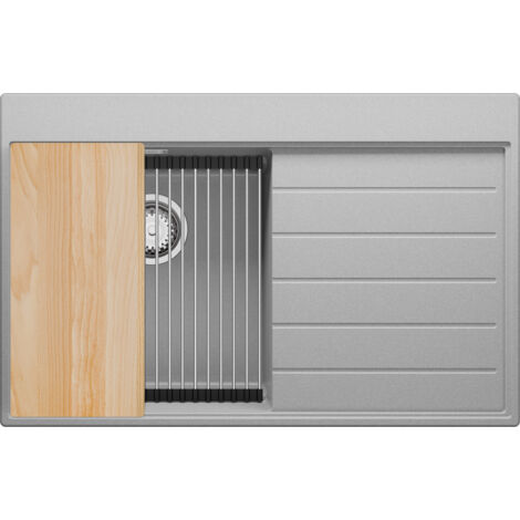 PRIMAGRAN Evier Cuisine en Granit 78x50cm, Lavabo 1 bac + Kit de Vidage + Accessoires, Évier à Encastrer au meuble 45cm - Sydney, Gris