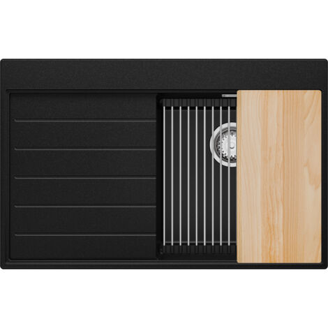 PRIMAGRAN Evier Cuisine en Granit 78x50cm, Lavabo 1 bac + Kit de Vidage + Accessoires, Évier à Encastrer au meuble 45cm - Sydney, Noir