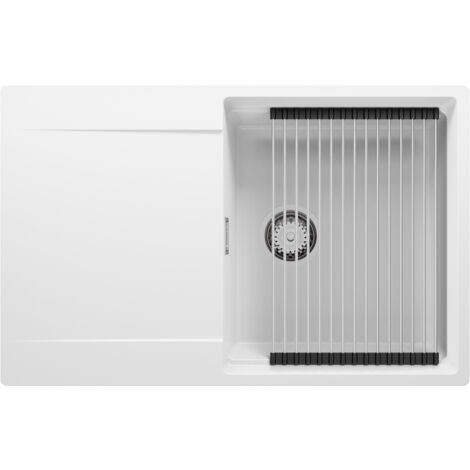 PRIMAGRAN Evier Cuisine en Granit 78x50cm, Lavabo 1 bac + Kit de Vidage + Égouttoir Enroulable, Évier à Encastrer au meuble 50cm - San Francisco, Blanc