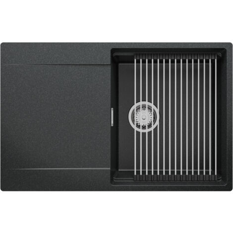 PRIMAGRAN Evier Cuisine en Granit 78x50cm, Lavabo 1 bac + Kit de Vidage + Égouttoir Enroulable, Évier à Encastrer au meuble 50cm - San Francisco, Graphite