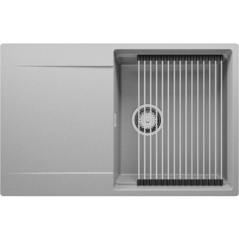 PRIMAGRAN Evier Cuisine en Granit 78x50cm, Lavabo 1 bac + Kit de Vidage + Égouttoir Enroulable, Évier à Encastrer au meuble 50cm - San Francisco, Gris