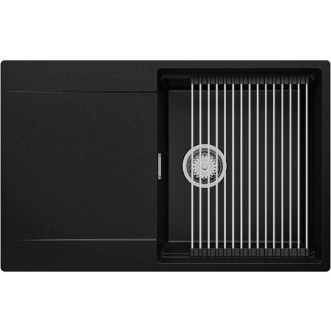 PRIMAGRAN Evier Cuisine en Granit 78x50cm, Lavabo 1 bac + Kit de Vidage + Égouttoir Enroulable, Évier à Encastrer au meuble 50cm - San Francisco, Noir