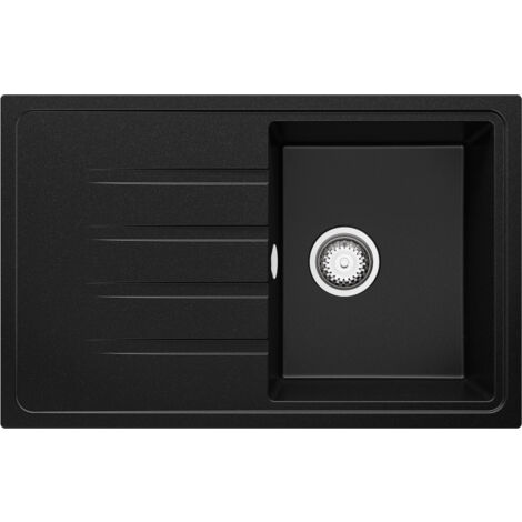 PRIMAGRAN Evier Cuisine en Granit 78x50cm, Lavabo 1 bac + Kit de Vidage, Évier à Encastrer au meuble 45cm - Milan, Noir