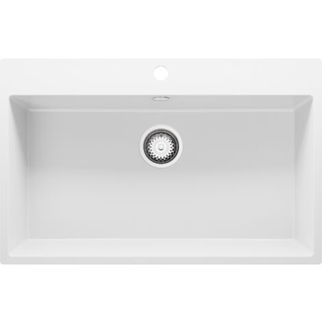 PRIMAGRAN Evier Cuisine en Granit 78x50cm, Lavabo 1 bac + Kit de Vidage, Évier à Encastrer au meuble 80cm - Riga, Blanc
