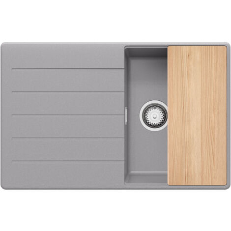 PRIMAGRAN Evier Cuisine en Granit 78x50cm, Lavabo 1 bac + Kit de Vidage + Planche à Découper, Évier à Encastrer au meuble 45cm - Copenhague, Gris