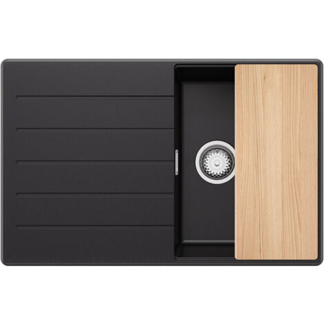 PRIMAGRAN Evier Cuisine en Granit 78x50cm, Lavabo 1 bac + Kit de Vidage + Planche à Découper, Évier à Encastrer au meuble 45cm - Copenhague, Noir