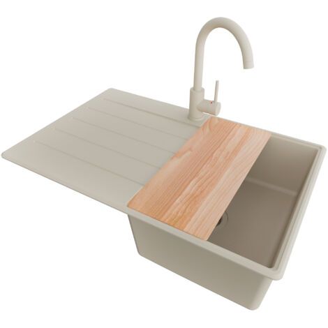 PRIMAGRAN Evier Cuisine en Granit 78x50cm, Lavabo 1 bac + Robinet 32x20cm + Kit de Vidage + Accessoire, Évier à Encastrer au meuble 45cm - Copenhague, Beige