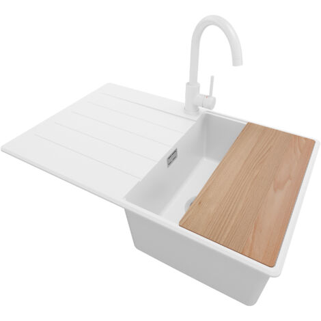PRIMAGRAN Evier Cuisine en Granit 78x50cm, Lavabo 1 bac + Robinet 32x20cm + Kit de Vidage + Accessoire, Évier à Encastrer au meuble 45cm - Copenhague, Blanc