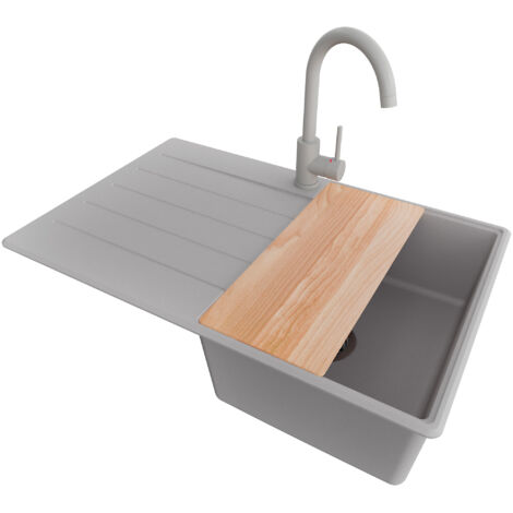 PRIMAGRAN Evier Cuisine en Granit 78x50cm, Lavabo 1 bac + Robinet 32x20cm + Kit de Vidage + Accessoire, Évier à Encastrer au meuble 45cm - Copenhague, Gris