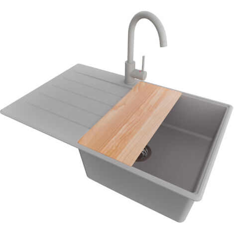PRIMAGRAN Evier Cuisine en Granit 78x50cm, Lavabo 1 bac + Robinet 32x20cm + Kit de Vidage + Accessoire, Évier à Encastrer au meuble 50cm - Copenhague, Gris