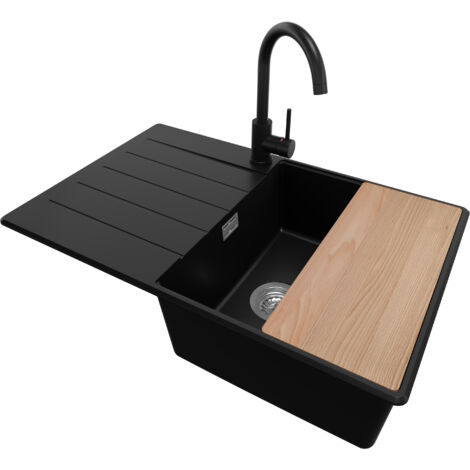 PRIMAGRAN Evier Cuisine en Granit 78x50cm, Lavabo 1 bac + Robinet 32x20cm + Kit de Vidage + Accessoire, Évier à Encastrer au meuble 50cm - Copenhague, Noir