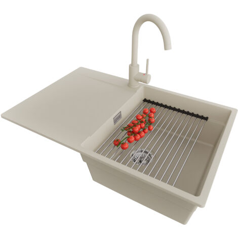 PRIMAGRAN Evier Cuisine en Granit 78x50cm, Lavabo 1 bac + Robinet 32x20cm + Kit de Vidage + Accessoire, Évier à Encastrer au meuble 50cm - San Francisco, Beige