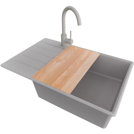 PRIMAGRAN Evier Cuisine en Granit 78x50cm, Lavabo 1 bac + Robinet 32x20cm + Kit de Vidage + Accessoire, Évier à Encastrer au meuble 60cm - Copenhague, Gris