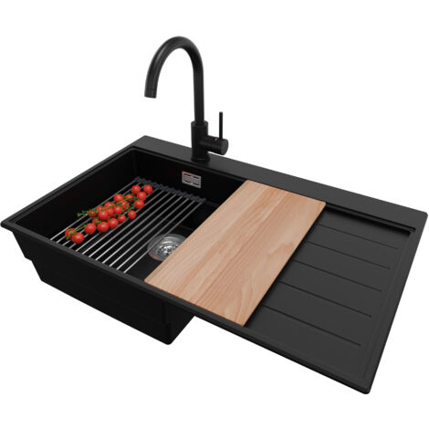 PRIMAGRAN Evier Cuisine en Granit 78x50cm, Lavabo 1 bac + Robinet 32x20cm + Kit de Vidage + Accessoires, Évier à Encastrer au meuble 45cm - Sydney, Noir