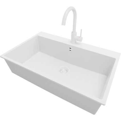 PRIMAGRAN Evier Cuisine en Granit 78x50cm, Lavabo 1 bac + Robinet 32x20cm + Kit de Vidage, Évier à Encastrer au meuble 80cm - Riga, Tout Blanc
