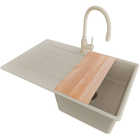 PRIMAGRAN Evier Cuisine en Granit 78x50cm, Lavabo 1 bac + Robinet 38x14cm + Kit de Vidage + Accessoire, Évier à Encastrer au meuble 45cm - Copenhague, Beige