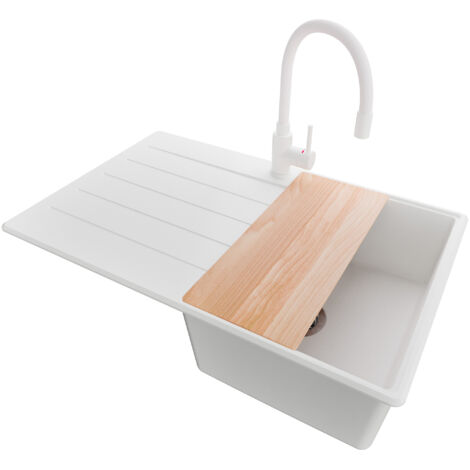 PRIMAGRAN Evier Cuisine en Granit 78x50cm, Lavabo 1 bac + Robinet 38x14cm + Kit de Vidage + Accessoire, Évier à Encastrer au meuble 45cm - Copenhague, Blanc