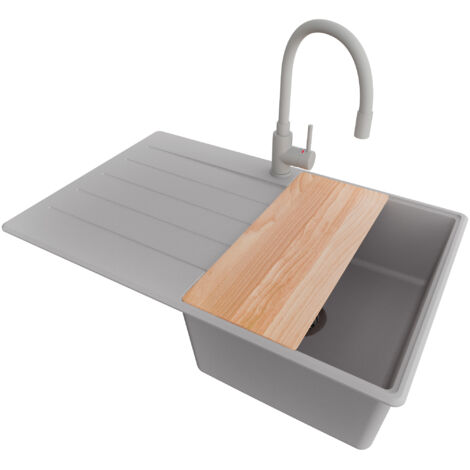 PRIMAGRAN Evier Cuisine en Granit 78x50cm, Lavabo 1 bac + Robinet 38x14cm + Kit de Vidage + Accessoire, Évier à Encastrer au meuble 45cm - Copenhague, Gris