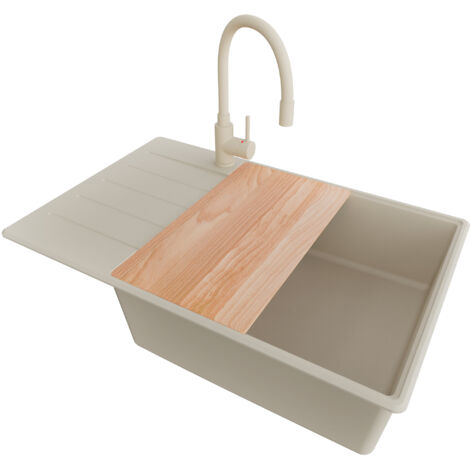 PRIMAGRAN Evier Cuisine en Granit 78x50cm, Lavabo 1 bac + Robinet 38x14cm + Kit de Vidage + Accessoire, Évier à Encastrer au meuble 60cm - Copenhague, Beige