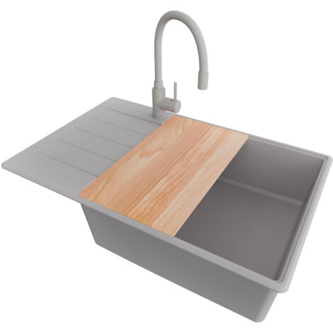 PRIMAGRAN Evier Cuisine en Granit 78x50cm, Lavabo 1 bac + Robinet 38x14cm + Kit de Vidage + Accessoire, Évier à Encastrer au meuble 60cm - Copenhague, Gris