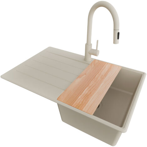 PRIMAGRAN Evier Cuisine en Granit 78x50cm, Lavabo 1 bac + Robinet 40x20cm + Kit de Vidage + Accessoire, Évier à Encastrer au meuble 45cm - Copenhague, Beige