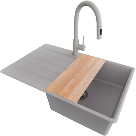 PRIMAGRAN Evier Cuisine en Granit 78x50cm, Lavabo 1 bac + Robinet 40x20cm + Kit de Vidage + Accessoire, Évier à Encastrer au meuble 50cm - Copenhague, Gris