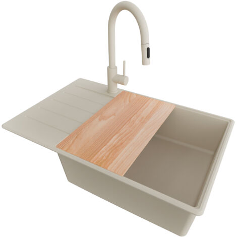 PRIMAGRAN Evier Cuisine en Granit 78x50cm, Lavabo 1 bac + Robinet 40x20cm + Kit de Vidage + Accessoire, Évier à Encastrer au meuble 60cm - Copenhague, Beige