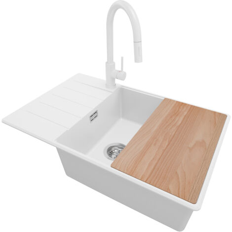 PRIMAGRAN Evier Cuisine en Granit 78x50cm, Lavabo 1 bac + Robinet 40x20cm + Kit de Vidage + Accessoire, Évier à Encastrer au meuble 60cm - Copenhague, Blanc
