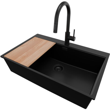 PRIMAGRAN Evier Cuisine en Granit 78x50cm, Lavabo 1 bac + Robinet 40x20cm + Kit de Vidage + Accessoire, Évier à Encastrer au meuble 80cm - Oslo, Tout Noir