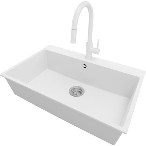 PRIMAGRAN Evier Cuisine en Granit 78x50cm, Lavabo 1 bac + Robinet 40x20cm + Kit de Vidage, Évier à Encastrer au meuble 80cm - Riga, Blanc