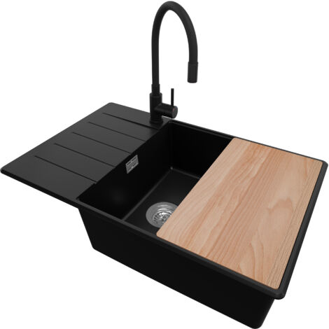 PRIMAGRAN Evier Cuisine en Granit 78x50cm, Lavabo 1 bac + Robinet 40x38cm + Kit de Vidage + Accessoire, Évier à Encastrer au meuble 60cm - Copenhague, Noir