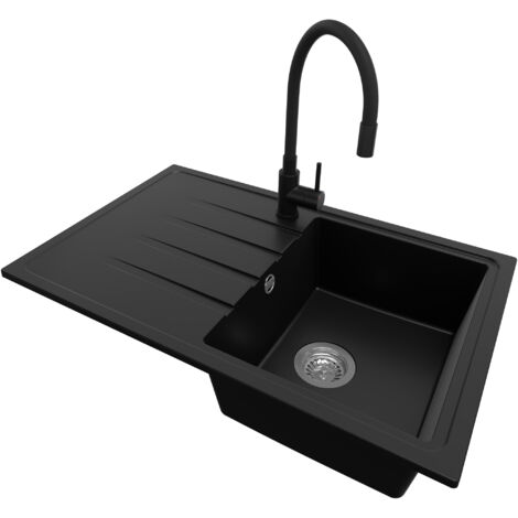 PRIMAGRAN Evier Cuisine en Granit 78x50cm, Lavabo 1 bac + Robinet 40x38cm + Kit de Vidage, Évier à Encastrer au meuble 45cm - Milan, Noir