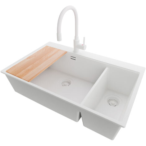 PRIMAGRAN Evier Cuisine en Granit 78x50cm, Lavabo 2 bacs + Kit de Vidage + Accessoire, Évier à Encastrer au meuble 80cm - Oslo Duo, Tout Blanc