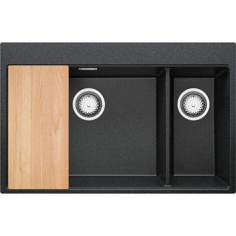 PRIMAGRAN Evier Cuisine en Granit 78x50cm, Lavabo 2 bacs + Kit de Vidage + Planche à Découper, Évier à Encastrer au meuble 80cm - Oslo Duo, Graphite