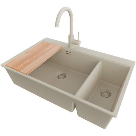 PRIMAGRAN Evier Cuisine en Granit 78x50cm, Lavabo 2 bacs + Robinet 32x20cm + Kit de Vidage + Accessoire, Évier à Encastrer au meuble 80cm - Oslo Duo, Beige