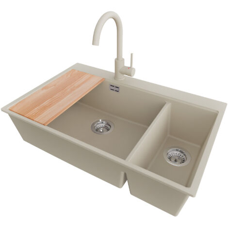 PRIMAGRAN Evier Cuisine en Granit 78x50cm, Lavabo 2 bacs + Robinet 32x20cm + Kit de Vidage + Accessoire, Évier à Encastrer au meuble 80cm - Oslo Duo, Beige
