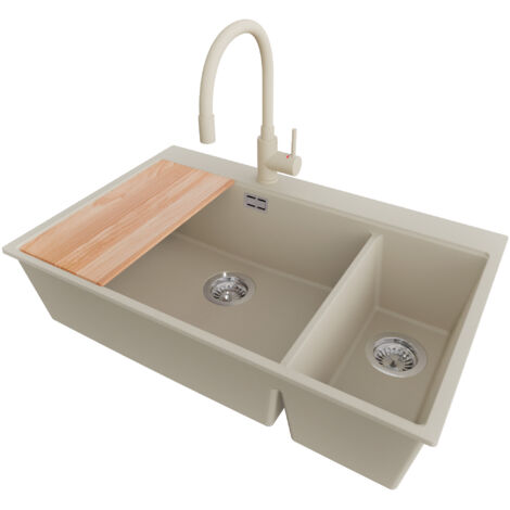PRIMAGRAN Evier Cuisine en Granit 78x50cm, Lavabo 2 bacs + Robinet 38x14cm + Kit de Vidage + Accessoire, Évier à Encastrer au meuble 80cm - Oslo Duo, Beige
